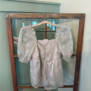 Altar'd State Sheer Puff Bubble Sleeve Blouse in Cream/Grey - Size Small